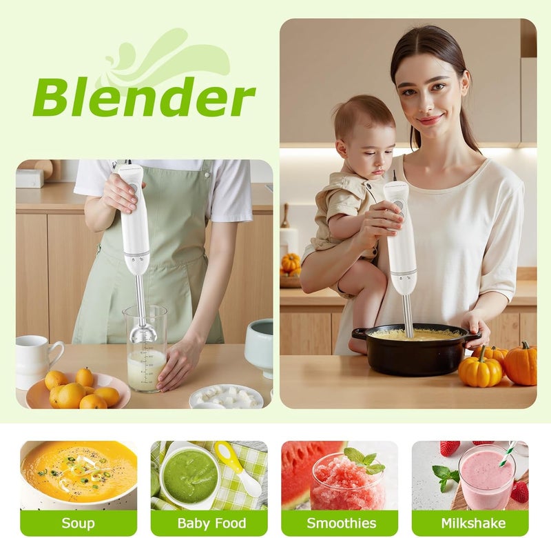 Bonsenkitchen خلاط يدوي، خلاط غمر مع 2 سرعة خلط، خلاط يدوي من الفولاذ المقاوم للصدأ 4 في 1 مع خفاقة بيض، كأس ووعاء مفروم، لطعام الأطفال، الحساء، العصائر، أبيض - Image 2